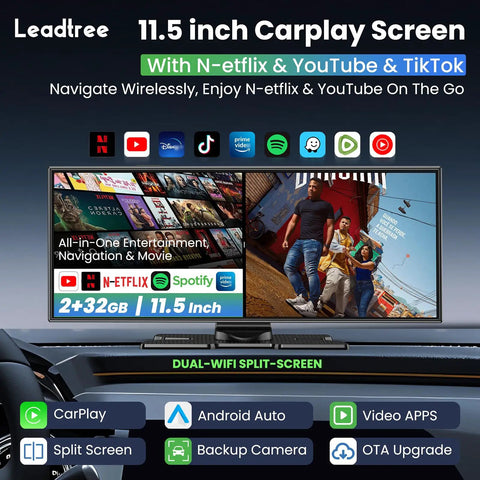 11.5 Inch Wireless CarPlay Screen displaying apps for navigation and streaming, ultra-wide HD display in a car dashboard setup