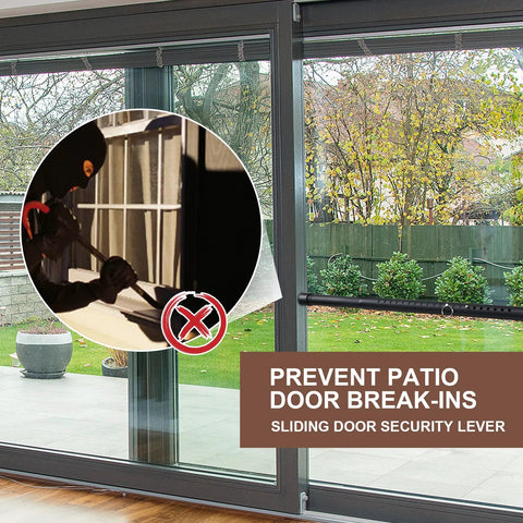 Adjustable Sliding Door Security Bar 17 To 50 Inches With Rubber Tips, Heavy Duty No Drill Door Stop For Patio Doors Apartments Bedrooms And Travel, Black, 2 Pack Easy No Tool Installation For Quick, Secure Fit In Seconds installed on patio door