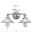 Lit Chrome 2 Light Industrial Farmhouse Vanity Light Wall Sconce with metal shade dimensions for bathroom mirror, kitchen, entryway LED bulbs included