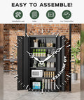 Tough Black Locking Metal Storage Cabinet With Doors, 72 Inch Tall, open showing contents, with easy assembly graphics
