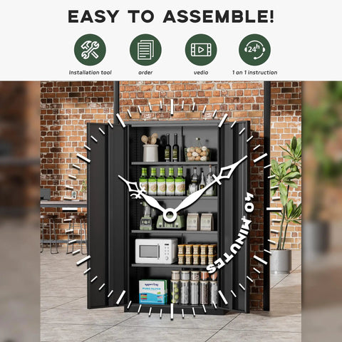 Tough Black Locking Metal Storage Cabinet With Doors, 72 Inch Tall, open showing contents, with easy assembly graphics