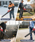 Collage of Cordless Leaf Blower With 18V Battery Compatibility 450 CFM Airflow And 130 MPH Speed Copper Motor in use for various tasks