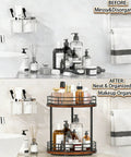 Before and after image of Two Tier Rotating Wooden Bathroom Countertop Organizer Featuring Smooth 360 Degree Spin And Dual Layer Storage For Skincare Perfume And Cosmetics Keeping Your Vanity Setup Super Chill And Clutter Free Always.