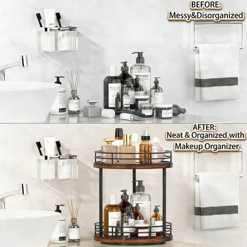 Before and after image of Two Tier Rotating Wooden Bathroom Countertop Organizer Featuring Smooth 360 Degree Spin And Dual Layer Storage For Skincare Perfume And Cosmetics Keeping Your Vanity Setup Super Chill And Clutter Free Always.