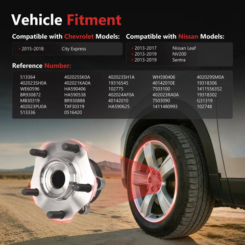 Two Piece Front Wheel Bearing And Hub Assembly With ABS Fits Chevrolet City Express 2015 2018 Nissan Leaf 2013 2017 NV200 2013 2019 Sentra 2013 2019 5 Lug Replacement Easy Install Durable Aftermarket next to car wheel and fitment chart.
