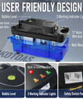 User-friendly design of High Capacity Condensate Pump for HVAC With 20 Foot Lift, indicator lights, and safety switch.