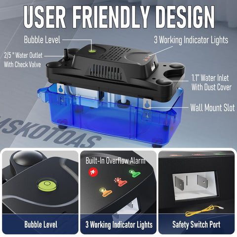 User-friendly design of High Capacity Condensate Pump for HVAC With 20 Foot Lift, indicator lights, and safety switch.