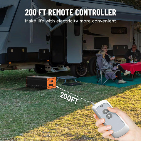 A person using a remote control to operate a 3000W Power Inverter 12V DC To 110V AC Converter with LCD Display near an RV campsite.