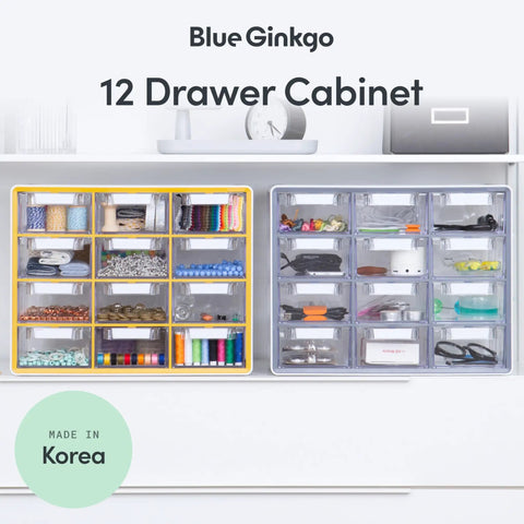 Big 12 Drawer Clear Stackable Cabinet for Hardware Beads Plastic Bricks and Craft Storage With Adjustable Dividers See Through Compartments Quick Labeling Made in Korea Gray displayed on a shelf, filled with craft supplies.