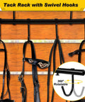 Two Pack Black Tack Rack With 360 Degree Swivel Hooks For Horse Bridle Hangers Portable Stall Barn Fence Trailer Organizer Six Hook Horse Gear Storage mounted on wood wall with bridles.