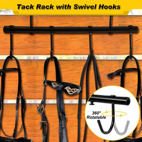 Two Pack Black Tack Rack With 360 Degree Swivel Hooks For Horse Bridle Hangers Portable Stall Barn Fence Trailer Organizer Six Hook Horse Gear Storage mounted on wood wall with bridles.