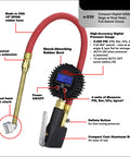 Compact Digital Tire Inflator With Gauge 255 PSI, Dual Head Chuck, 15 Inch Hose, 2.5 Inch Dial, 360 Swivel, Backlit Display, Matte Black