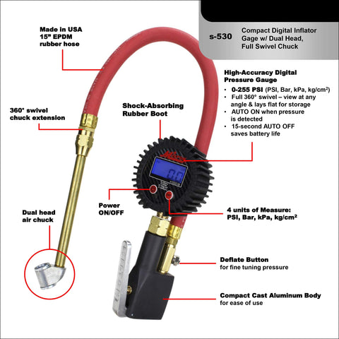 Compact Digital Tire Inflator With Gauge 255 PSI, Dual Head Chuck, 15 Inch Hose, 2.5 Inch Dial, 360 Swivel, Backlit Display, Matte Black