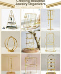Display of various gold jewelry organizers with a modern brass finish, featuring multiple shapes and tiers.