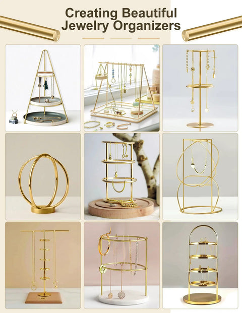 Display of various gold jewelry organizers with a modern brass finish, featuring multiple shapes and tiers.