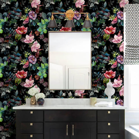 Bathroom with Floral Peel And Stick Wallpaper Black Green Pink Botanical Design Repositionable behind mirror and sink.