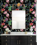 Wild Spring Peel And Stick Wallpaper Bouquet Botanical Floral Black Green Pink Removable Easy Install in bathroom setting