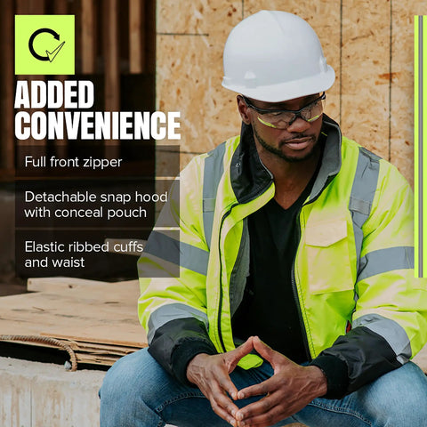 Man wearing Hi Vis Safety Bomber For Men Waterproof Winter Rain Jacket With Reflective Strips Detachable Hood ANSI Class 3