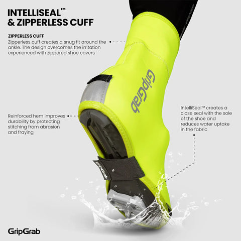 Arctic Waterproof Deep Winter Road Bike Overshoes with IntelliSeal and zipperless cuff in neon yellow, side view