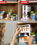 Super Darn Handy Pull And Spin Cabinet Caddy Spice Rack Organizer For Kitchen Pantry Organization Bathroom Medicine Bottles Cosmetics And Small Item Stash Keeping 2 Tier Design neatly organizes medicine bottles in a cabinet.
