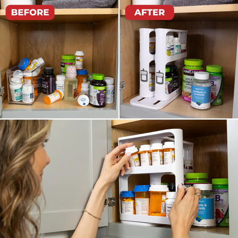 Super Darn Handy Pull And Spin Cabinet Caddy Spice Rack Organizer For Kitchen Pantry Organization Bathroom Medicine Bottles Cosmetics And Small Item Stash Keeping 2 Tier Design neatly organizes medicine bottles in a cabinet.