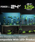 Powerful 24 Volts Cordless Chainsaw Using 10 Inch Low Recoil Bar For Storm Cleanup Branch Trimming And Firewood Processing Fast Badass Cutting Power Heavy Duty Tools Only displayed on a pegboard with various tools.