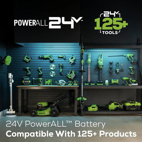 Powerful 24 Volts Cordless Chainsaw Using 10 Inch Low Recoil Bar For Storm Cleanup Branch Trimming And Firewood Processing Fast Badass Cutting Power Heavy Duty Tools Only displayed on a pegboard with various tools.