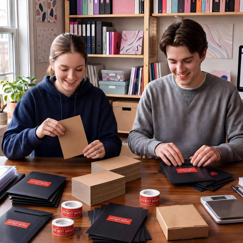 Trading Card Shipping Set With Self Adhesive Rigid Mailers And Cardboard Inserts, people preparing envelopes with labels.