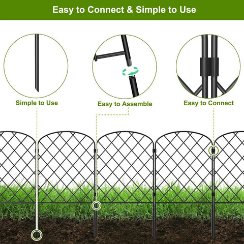Decorative Garden Fence Panels 24 Inch High By 13 Inch Wide Diamond Mesh Rustproof Metal Animal Barrier And Landscape Border 10 Pack For No Hassle Setup Temporary Fencing In Yard Patio Flower Beds And Outdoor Decor, showing easy assembly and connection