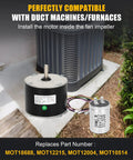 Condenser Fan Motor 1/8 HP 208 230V 825 RPM Drop In Replacement next to outdoor HVAC unit, with capacitors.
