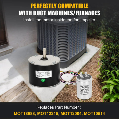 Condenser Fan Motor 1/8 HP 208 230V 825 RPM Drop In Replacement next to outdoor HVAC unit, with capacitors.