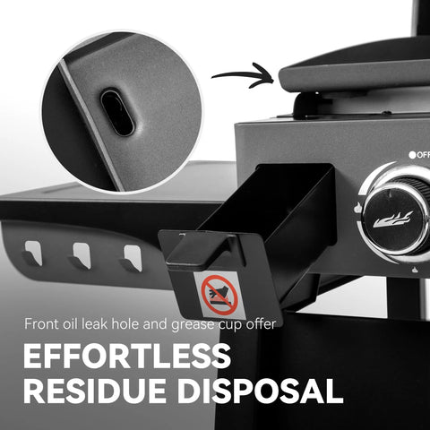PD4001 4 Burner Propane Gas Griddle with removable cart showing front oil leak hole and grease cup for easy residue disposal
