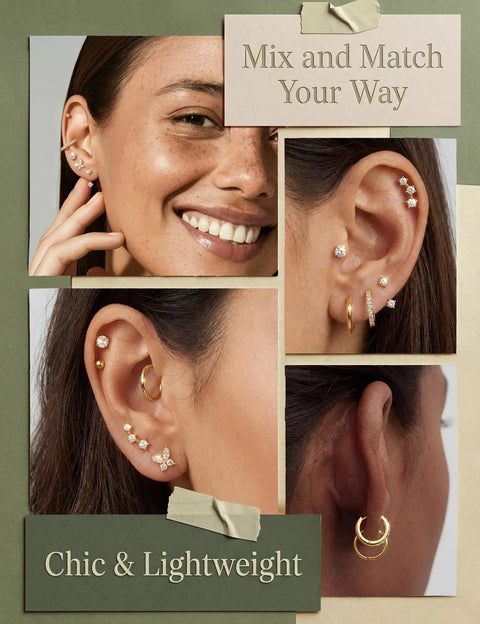 14K Gold Plated Earring Stacks for Women Cartilage Set Hypoallergenic 316L Stainless Steel Studs Nickel Free Lightweight Gold Tone Ear Jewelry Multi Pack for Daily Wear and Sensitive Ears on model