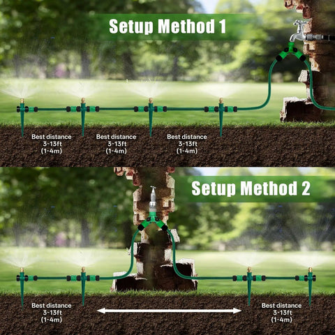 Setup methods for 4 Pack Flexible Sprinkler System With Spike Base For Above Ground Lawn Irrigation, Multi Adjustable Sprinklers