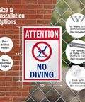 Attention No Diving Pool Sign 14 By 10 Inches Outdoor Aluminum With 40 Mil Lamination Rustproof Red Blue And White