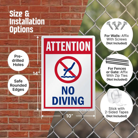 Attention No Diving Pool Sign 14 By 10 Inches Outdoor Aluminum With 40 Mil Lamination Rustproof Red Blue And White