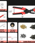 Leather Hole Punch Tool Kit With 240 Rivets Red Handled Rotary Belt Punch For Leatherwork Belts Straps Pet Collars Shoes Saddles Canvas And DIY Projects With Multiple Hole Sizes showing tools and dimensions