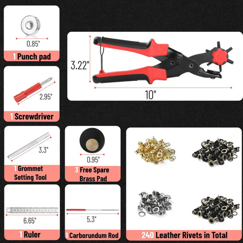 Leather Hole Punch Tool Kit With 240 Rivets Red Handled Rotary Belt Punch For Leatherwork Belts Straps Pet Collars Shoes Saddles Canvas And DIY Projects With Multiple Hole Sizes showing tools and dimensions