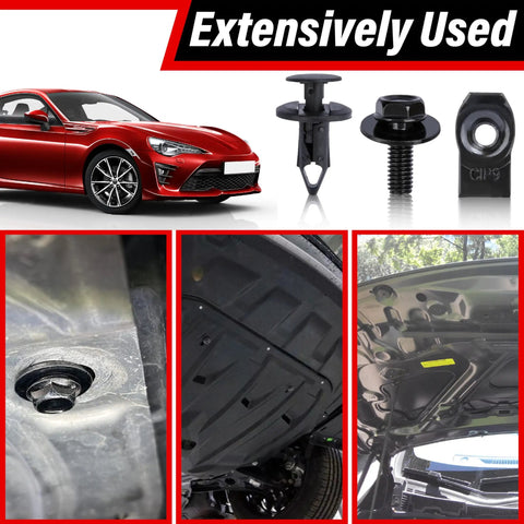 45 Piece Engine Under Cover Splash Shield All-In-One Fastener Kit With Bolts Screws Rivet Clips And Push Retainers, Universal Black