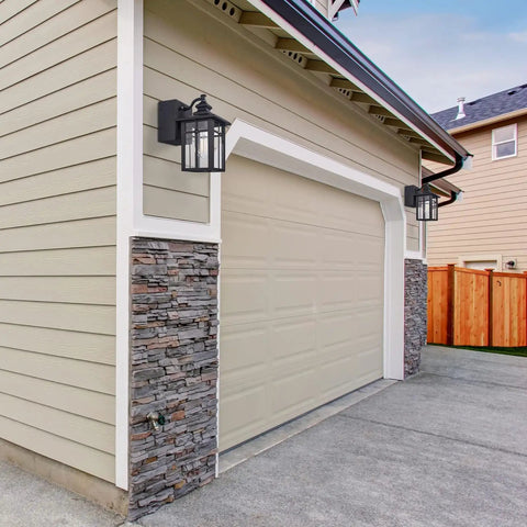 Garage with Porch Light Outdoor Dusk To Dawn With Built In GFCI Outlet 2 In 1 Wall Light installed, IP44 waterproof.