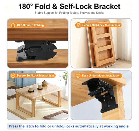 Heavy-Duty Folding Table Leg Hinge With 180-Degree Locking Drop Leaf Bracket Black Steel Construction For Tough-As-Nails Tables Easy Install Replacement Hardware Ideal For Heavy Loads supports foldable table.
