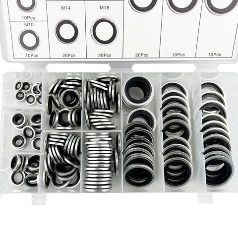 All In One Automotive Bonded Seal Kit, 150 Piece Self Centered Gasket And Oil Washer Set In Zinc Plated Iron, M6 To M24 Sizes