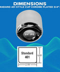 Adjustable Fire Sprinkler Escutcheon Cup Standard 401 Style Pendant Trim Chrome Plated Steel 3/4 IPS with dimensions on blue background.