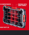 Front view of VersaStack 20 Compartment Small Parts Organizer With Removable Dividers, clear rugged polycarbonate lid, carry handle.