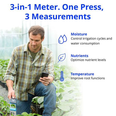Man using Pulse Meter Handheld Soil Tester With TDS Moisture And Temperature Readings From The Root Zone in greenhouse
