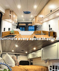 Tough As Nails 2.75 Inch Slim Recessed Ceiling Light With Dimmable LED Puck For RV Camper Van Truck And Cabinets illuminating kitchen and sleeping areas.