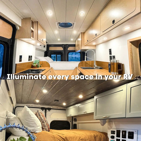 Tough As Nails 2.75 Inch Slim Recessed Ceiling Light With Dimmable LED Puck For RV Camper Van Truck And Cabinets illuminating kitchen and sleeping areas.