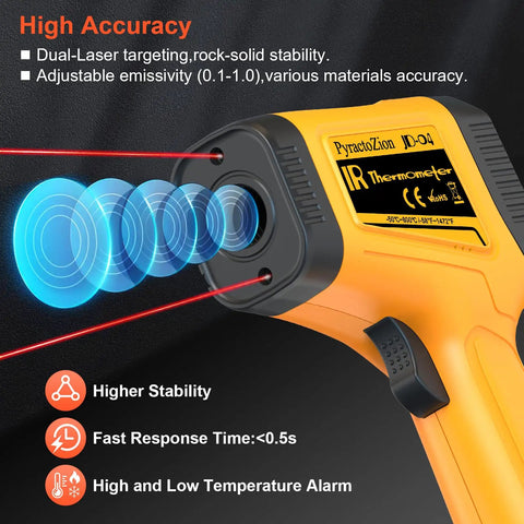 Rechargeable Infrared Temp Gun With Non Contact Laser Readout From Minus 58 Fahrenheit To 1472 Fahrenheit High Accuracy Digital Infrared Temperature Gun For Cooking Griddle Oven Meat Food HVAC Automotive Industrial Use USB C Recharge, yellow handheld display