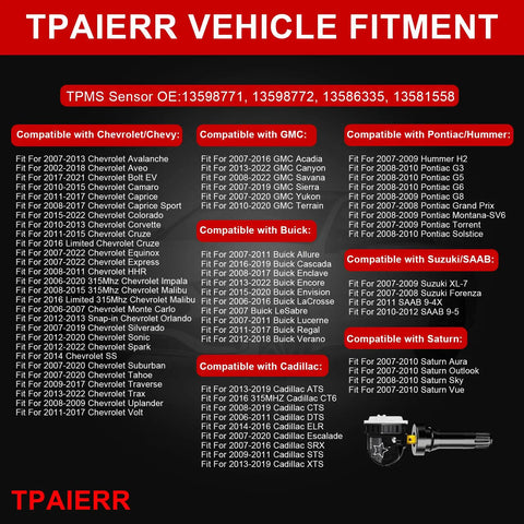 TPAIGRR Vehicle Fitment chart for Solid Heavy Duty TPMS Tire Pressure Sensors with No Sweat Relearn Kit for Chevy Silverado GMC.