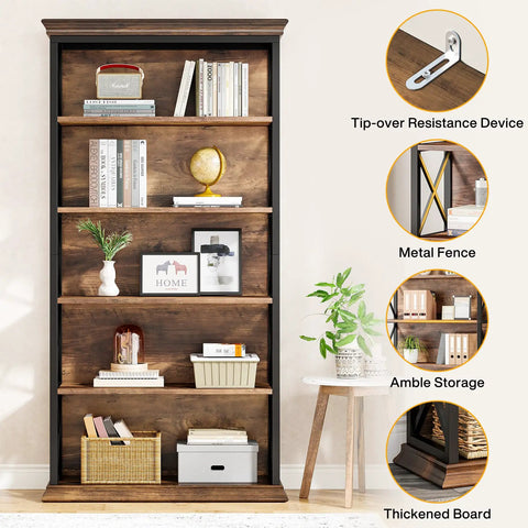 Heavy Duty Six Tier Industrial Bookshelf With Fresh X Pattern Accents 71 Inch Tall Solid Construction Floor Stand Display Rack Built Different For Modern Home Office Storage And Organization showcasing colorful decor and books.